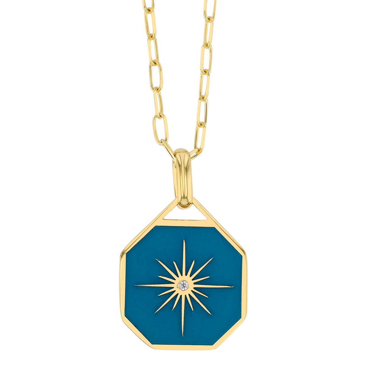 Blue Enamel & Diamond Star Octagon Pendant in Yellow Gold, 20