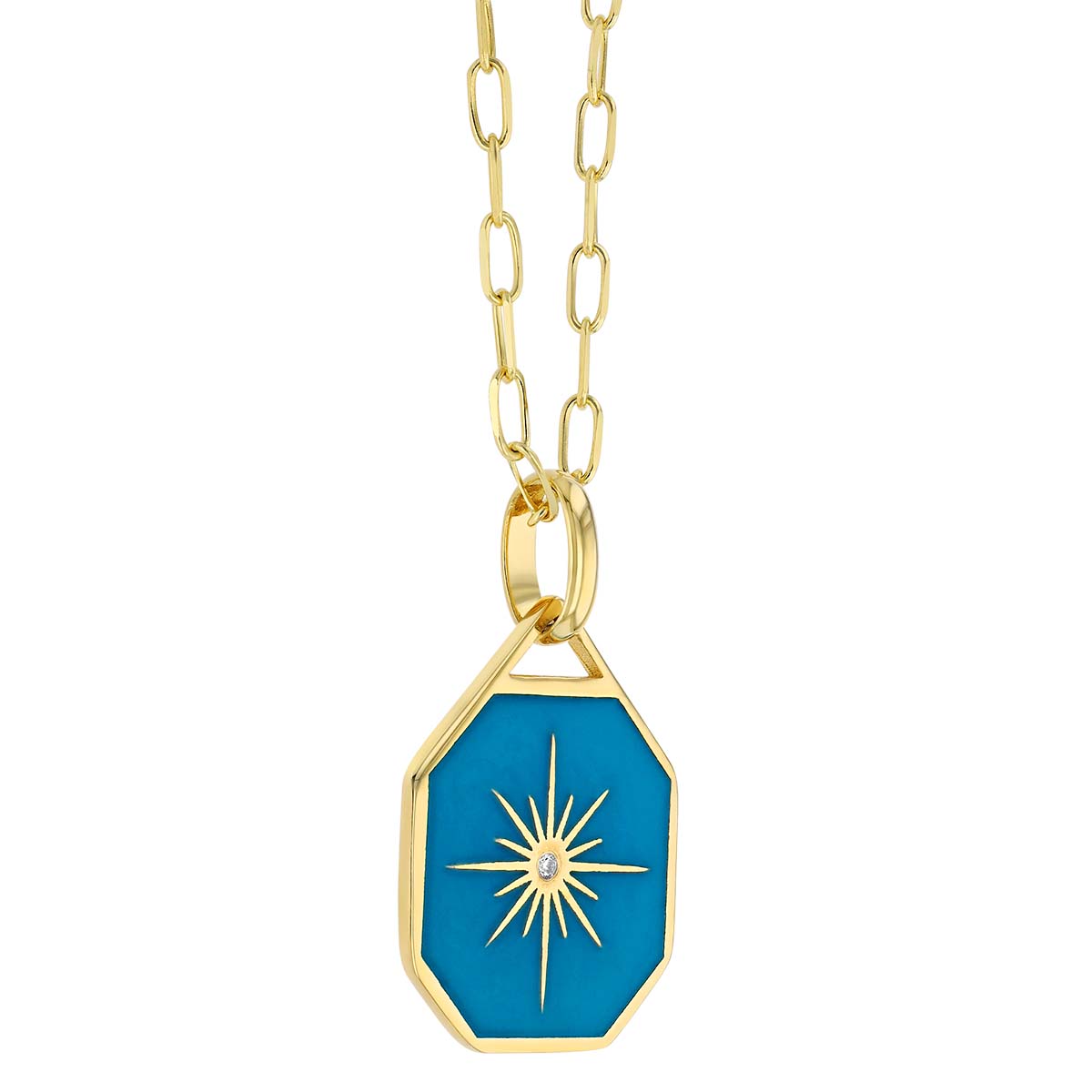 Blue Enamel & Diamond Star Octagon Pendant in Yellow Gold, 20