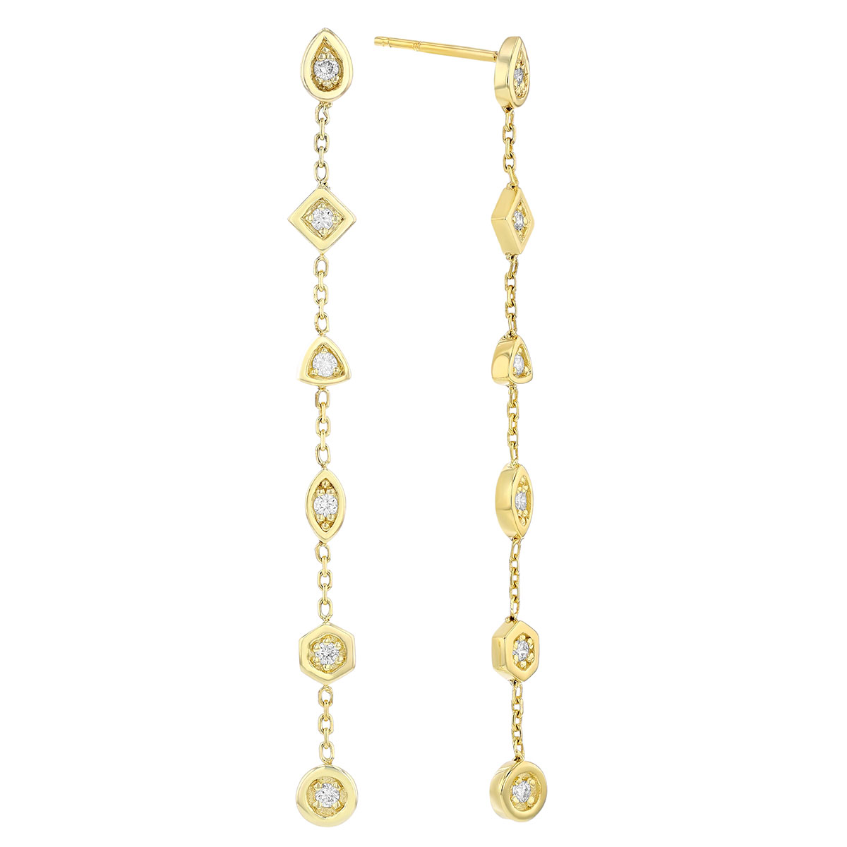 Diamond Multi Shape Station Long Drop Earrings in Yellow Gold