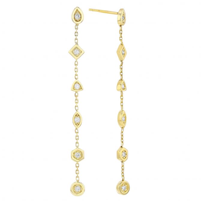 Diamond Multi Shape Station Long Drop Earrings in Yellow Gold