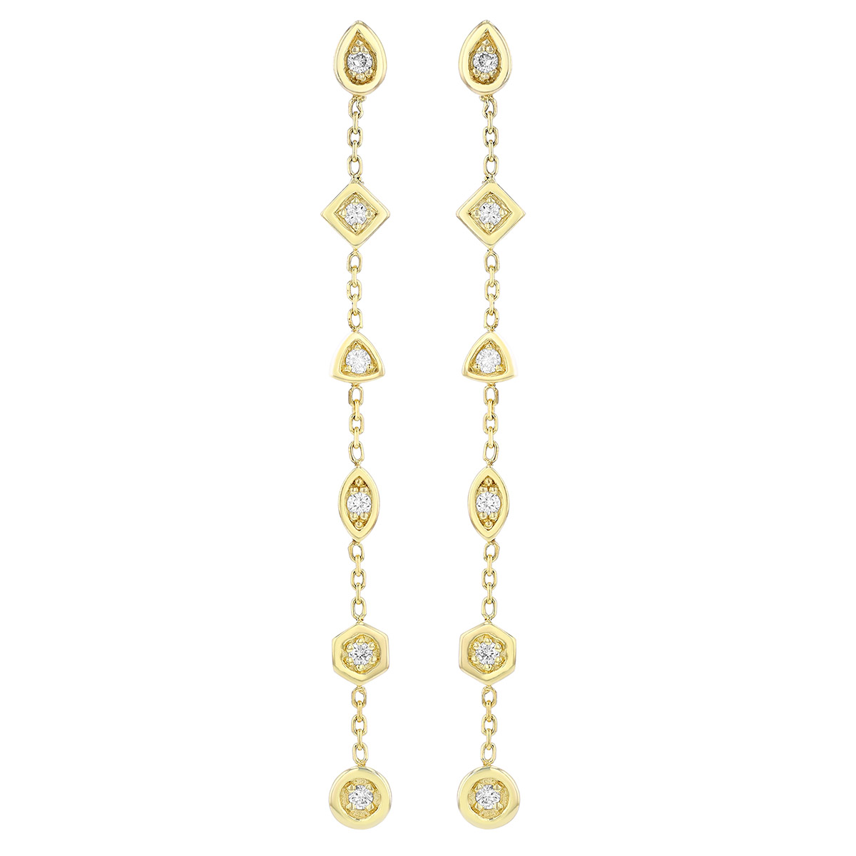 Diamond Multi Shape Station Long Drop Earrings in Yellow Gold