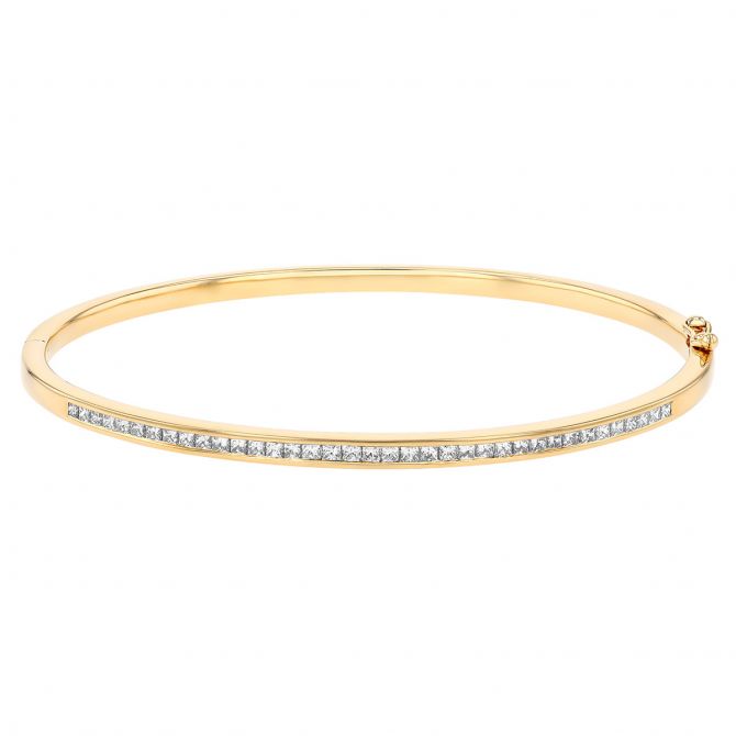 Princess Cut Diamond Channel Set Bangle Bracelet in Yellow Gold