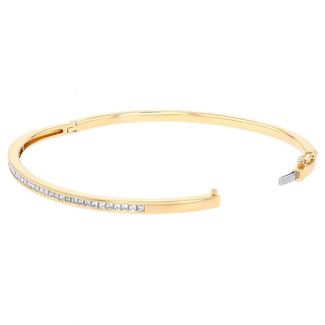 Princess Cut Diamond Channel Set Bangle Bracelet in Yellow Gold