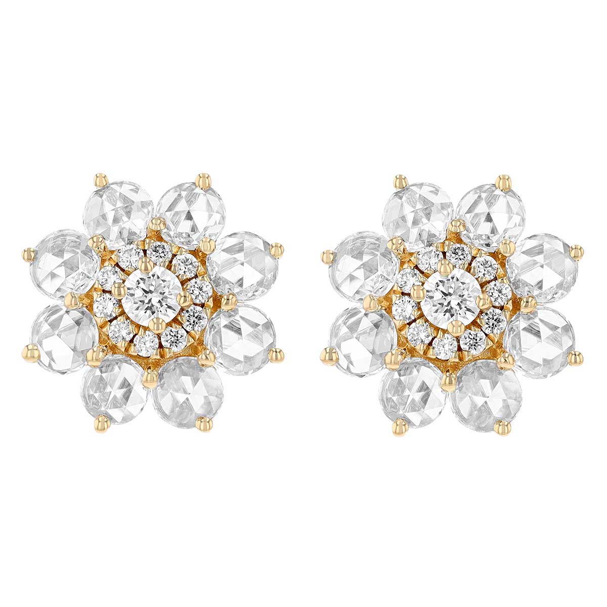 Rose Cut & Round Diamond Floral Cluster Stud Earrings in Yellow Gold