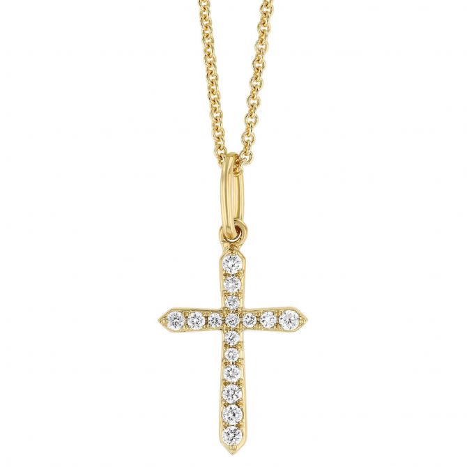 Diamond Small Pointed Cross Pendant in Yellow Gold, 18", .08 cttw