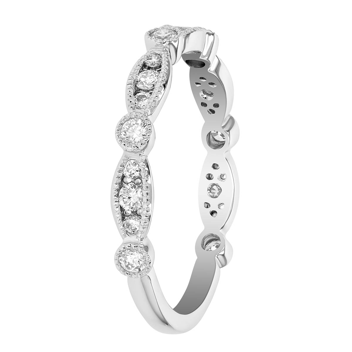 Diamond Navette & Round Alternating Milgrain Station Ring in White Gold