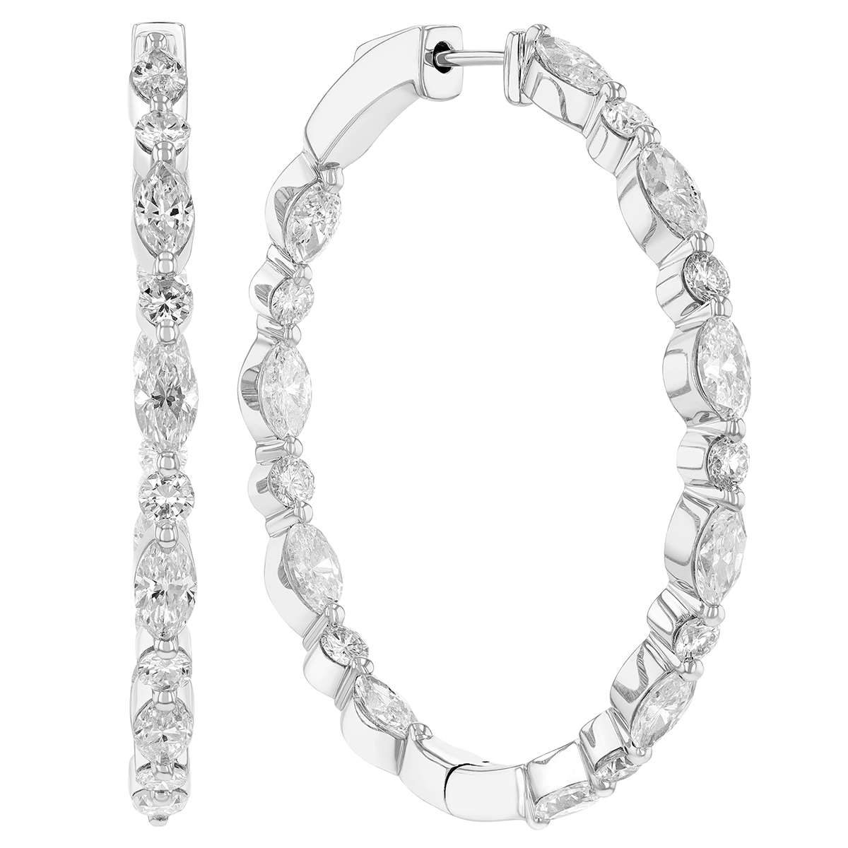 Round & Marquise Shaped Diamond Inside Out Hoop Earrings in White Gold, 5.50 cttw