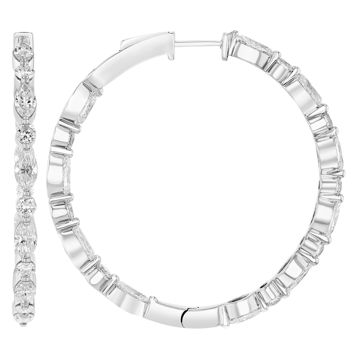 Round & Marquise Shaped Diamond Inside Out Hoop Earrings in White Gold, 5.50 cttw