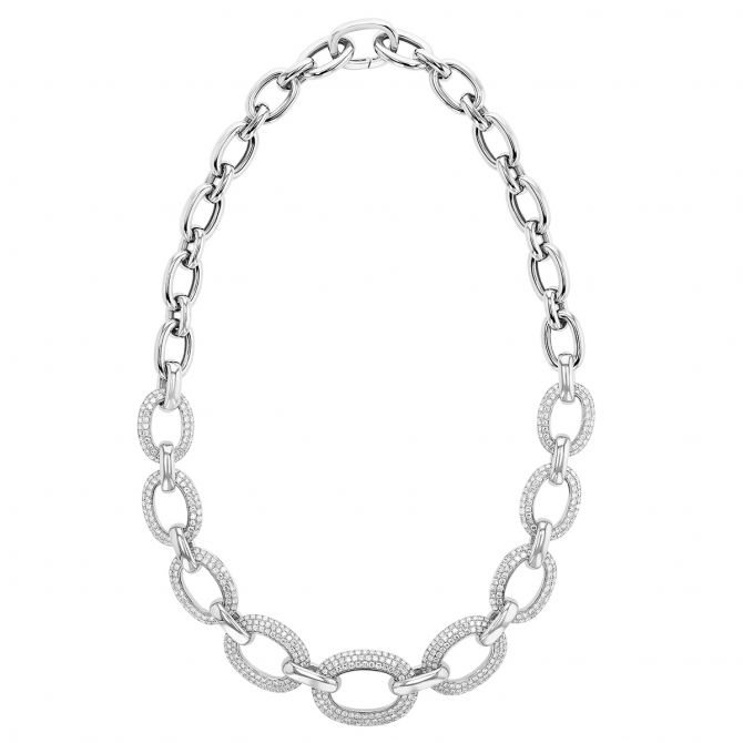 Diamond Pave Oval Link Graduated Chain Necklace in White Gold, 17"