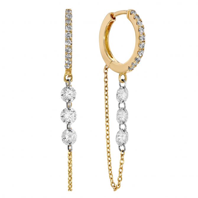 Aresa Diamond Huggie Earrings with Dangle & Chain in Yellow Gold