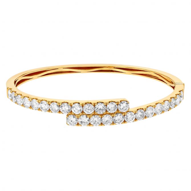 Diamond Two Row Bypass Hinged Bangle Bracelet in Yellow Gold