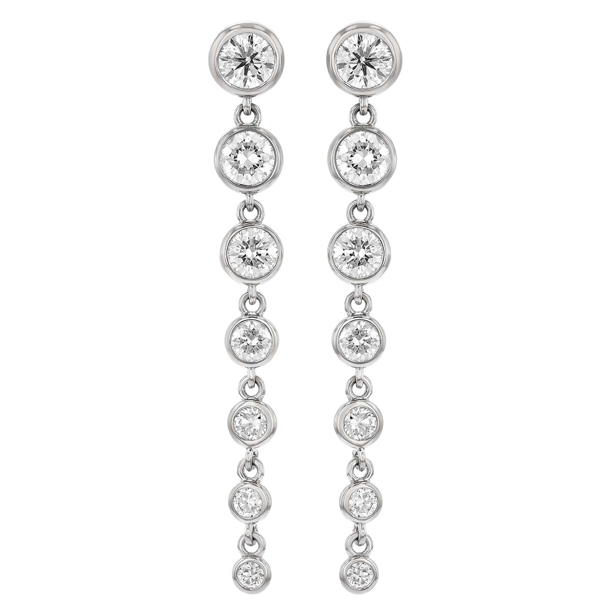 Graduated Bezel Set Diamond Cascade Dangle Earrings in White Gold, 1.62 cttw
