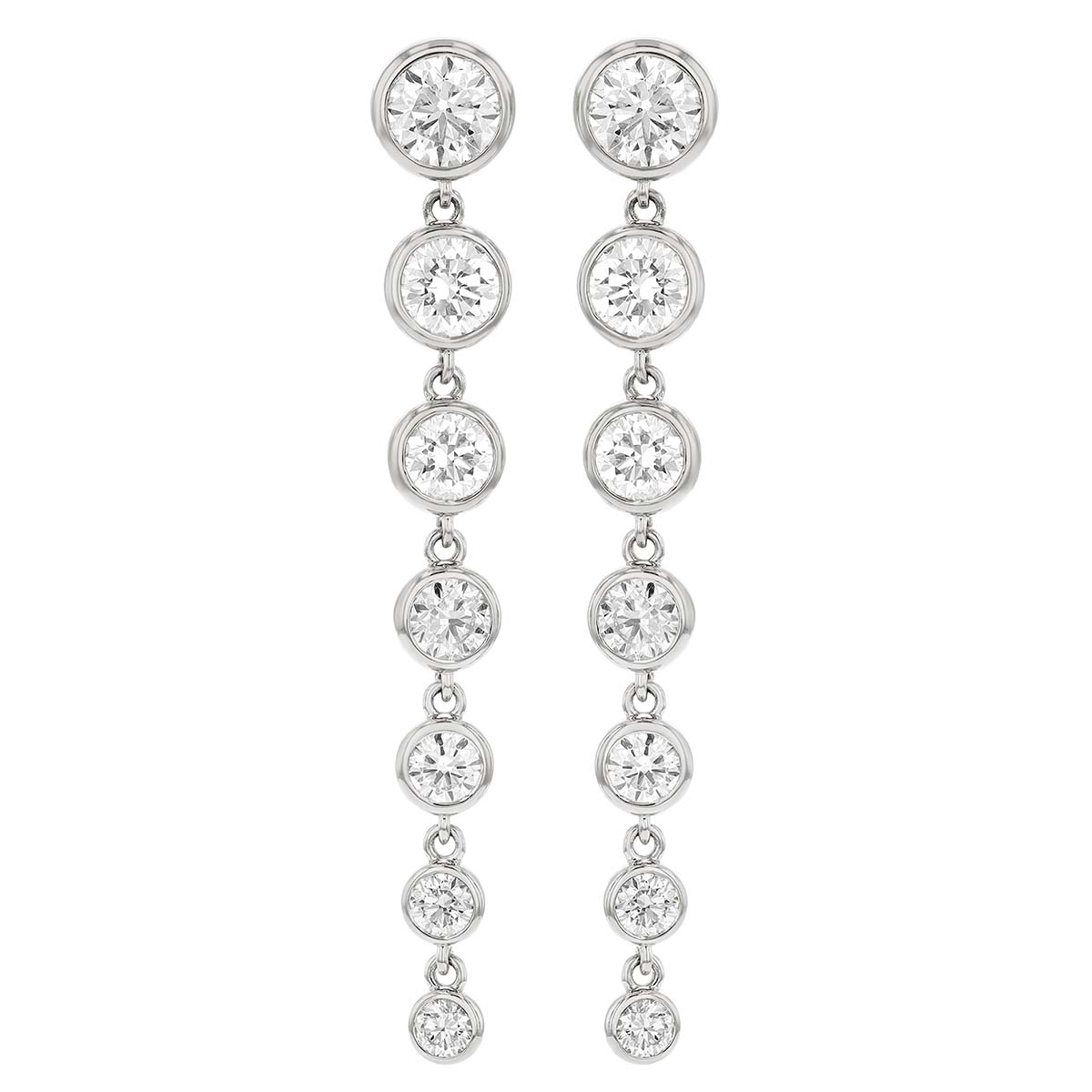 Graduated Bezel Set Diamond Cascade Dangle Earrings in White Gold, 2.99 cttw