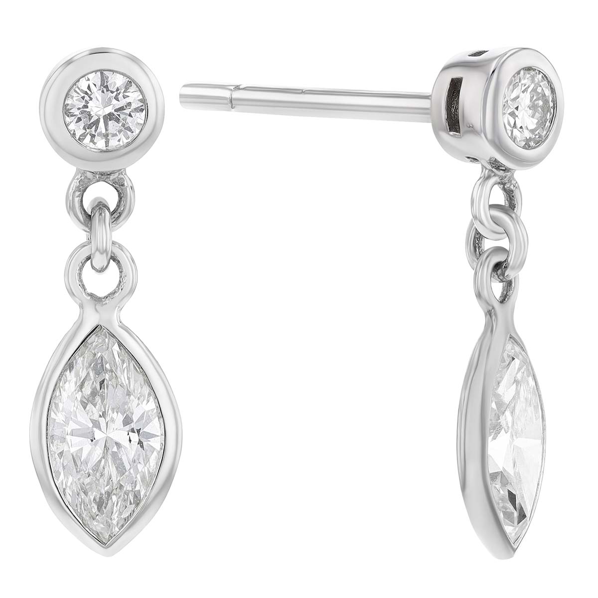 Round & Marquise Bezel Set Diamond Dangle Earrings in White Gold