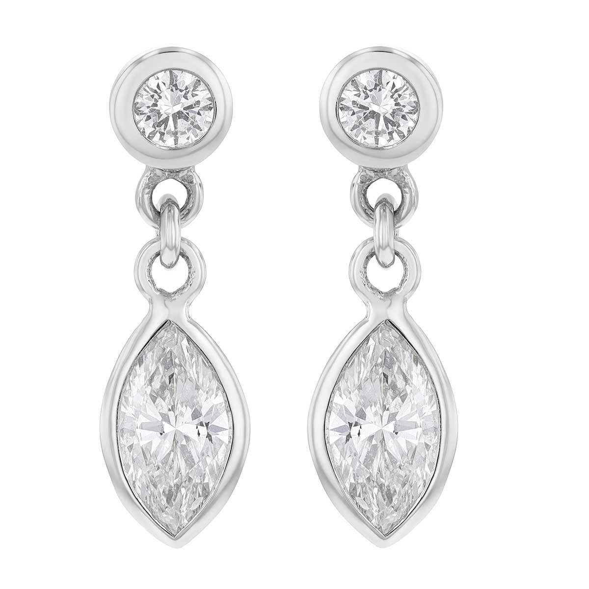 Round & Marquise Bezel Set Diamond Dangle Earrings in White Gold