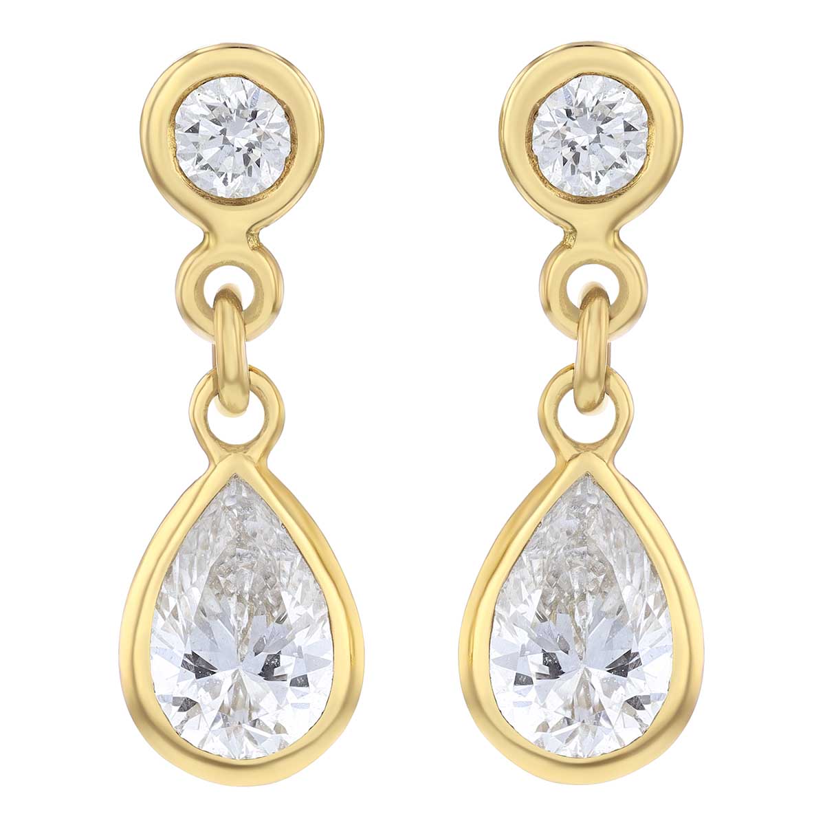 Round & Pear Shaped Bezel Set Diamond Dangle Earrings in Yellow Gold