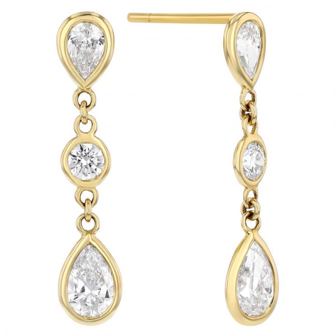 Round & Pear Shaped Bezel Set Diamond 3 Stone Dangle Earrings in Yellow Gold