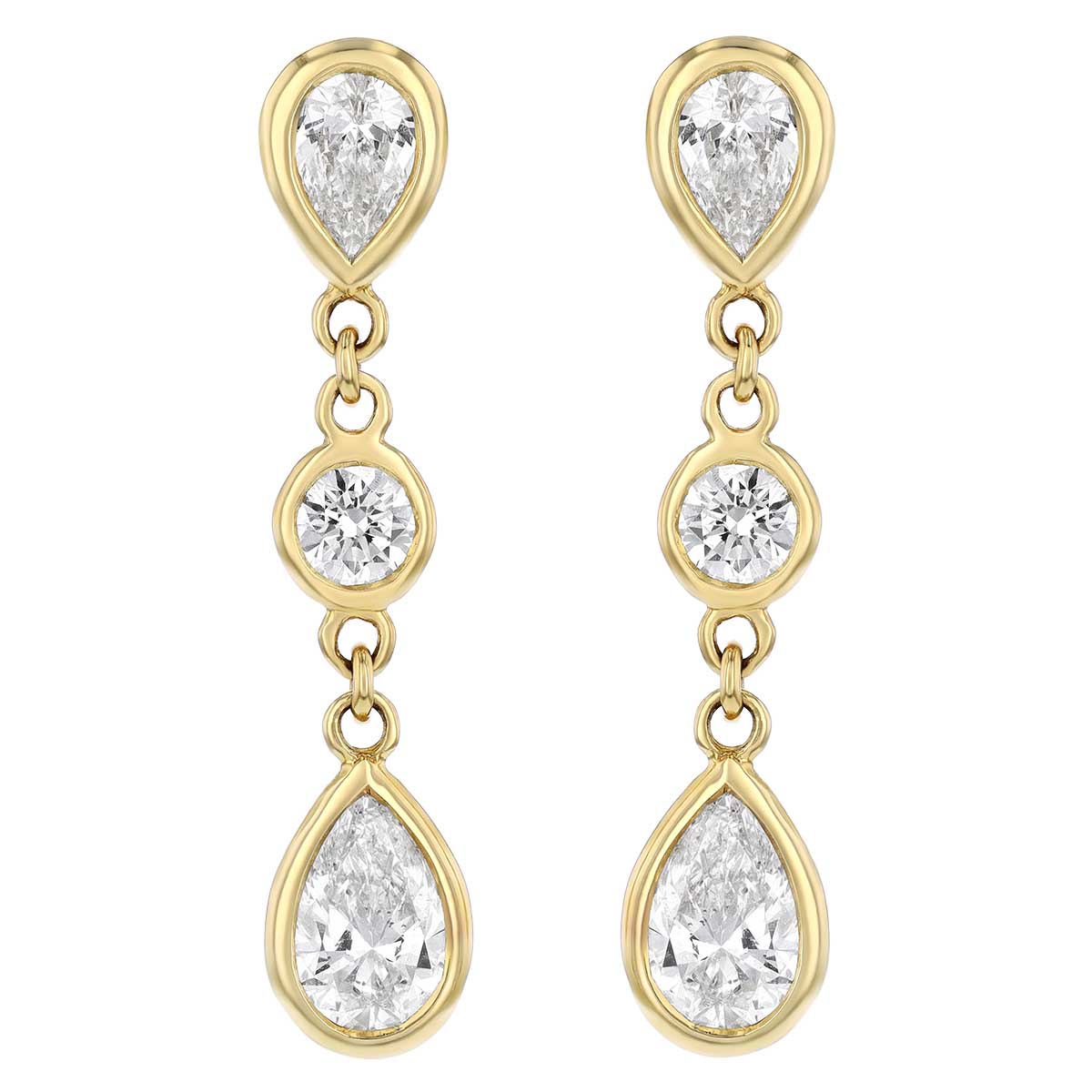 Round & Pear Shaped Bezel Set Diamond 3 Stone Dangle Earrings in Yellow Gold