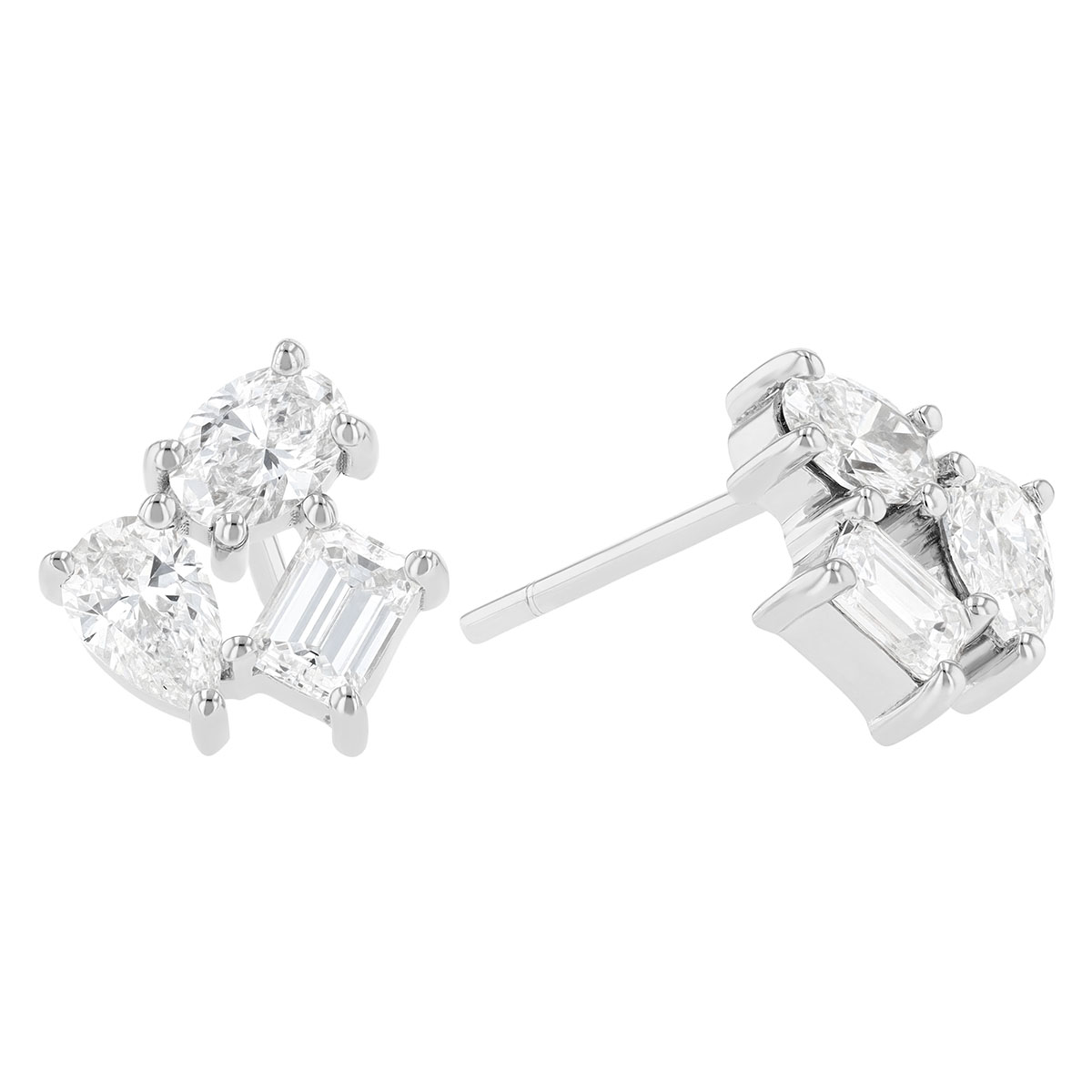 Oval, Pear & Emerald Cut Diamond Cluster Stud Earrings in White Gold