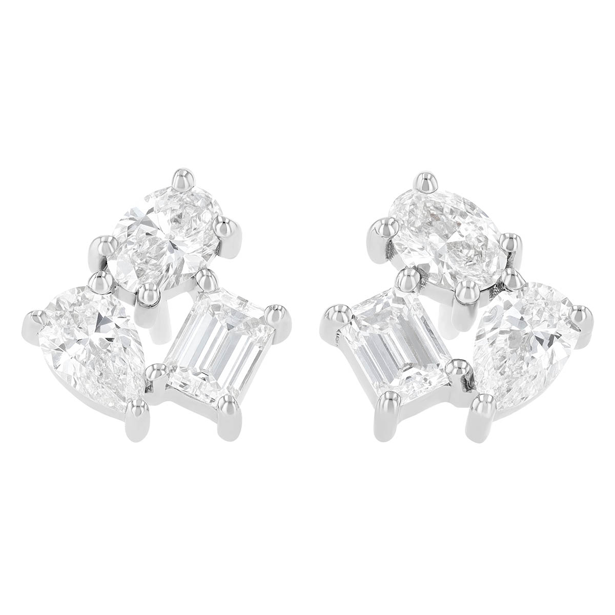 Oval, Pear & Emerald Cut Diamond Cluster Stud Earrings in White Gold