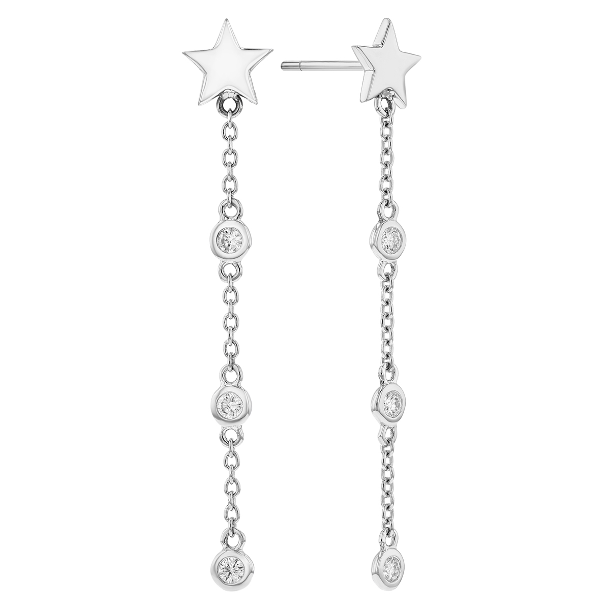 Diamond Bezel Set Drop Earrings with Stars in White Gold