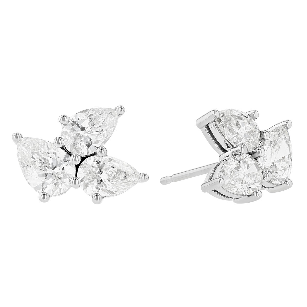 Pear Shaped Diamond Trio Cluster Stud Earrings in White Gold