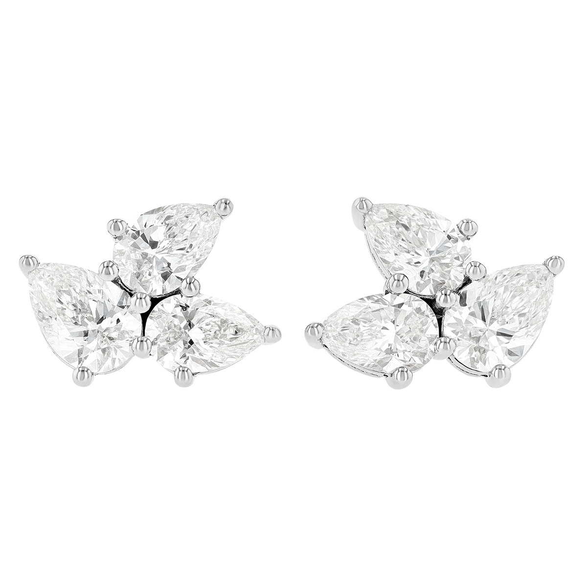 Pear Shaped Diamond Trio Cluster Stud Earrings in White Gold
