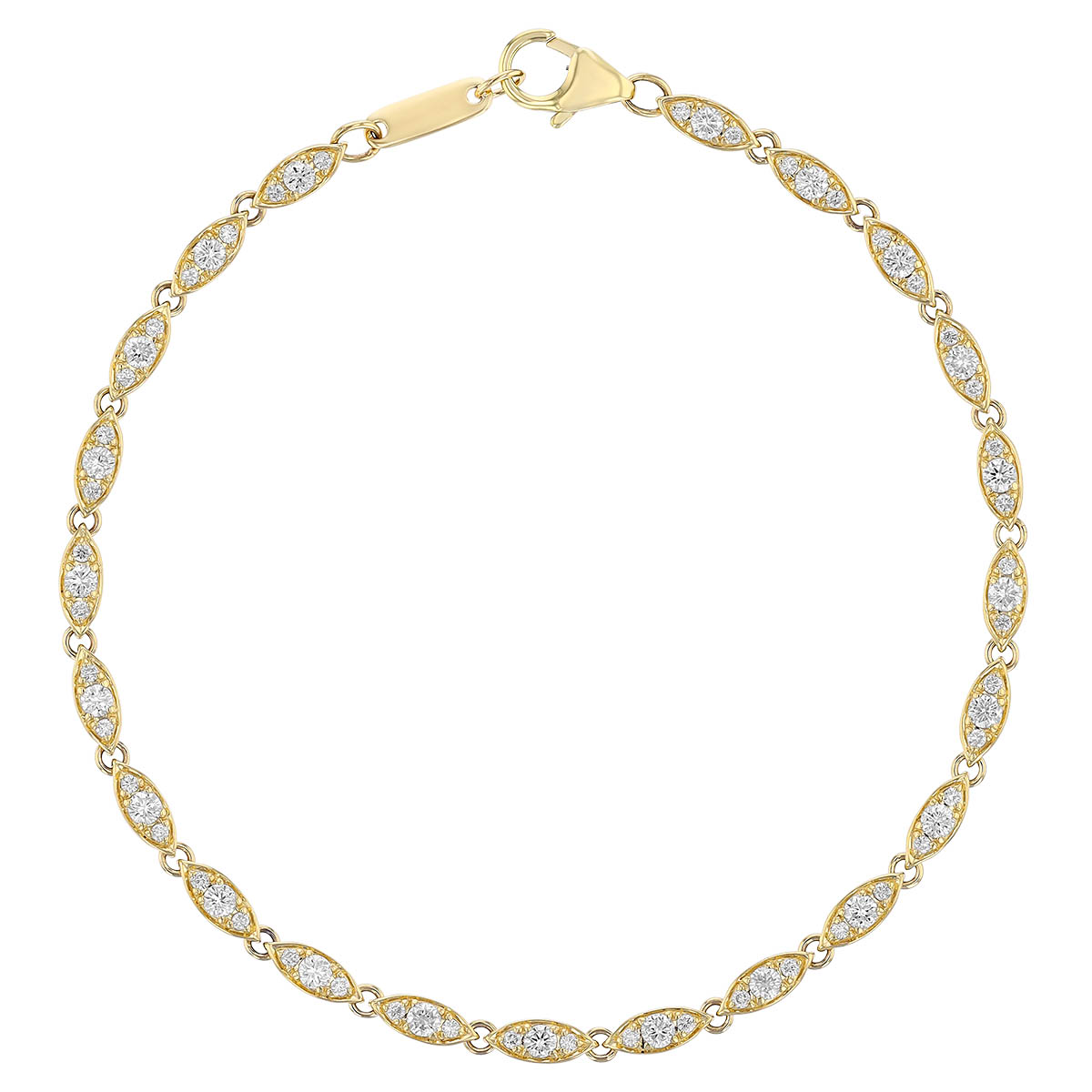 Diamond Cluster Marquise Shaped Link Bracelet in Yellow Gold, 7