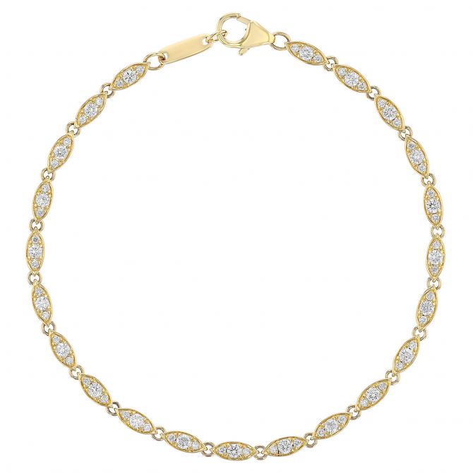 Diamond Cluster Marquise Shaped Link Bracelet in Yellow Gold, 7"
