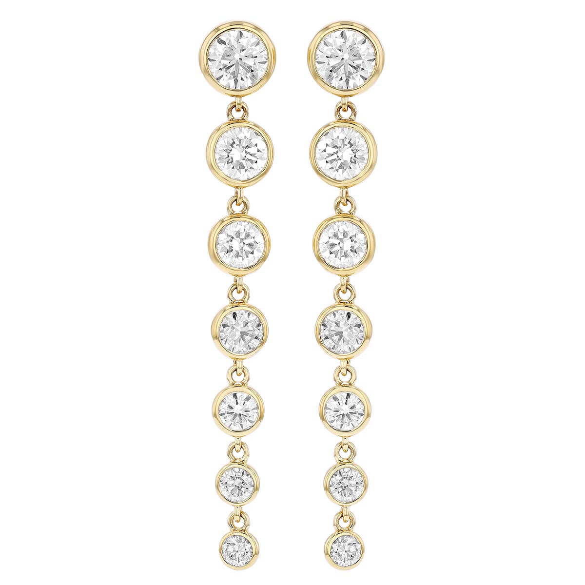 Graduated Bezel Set Diamond Cascade Dangle Earrings in Yellow Gold, 2.99 cttw