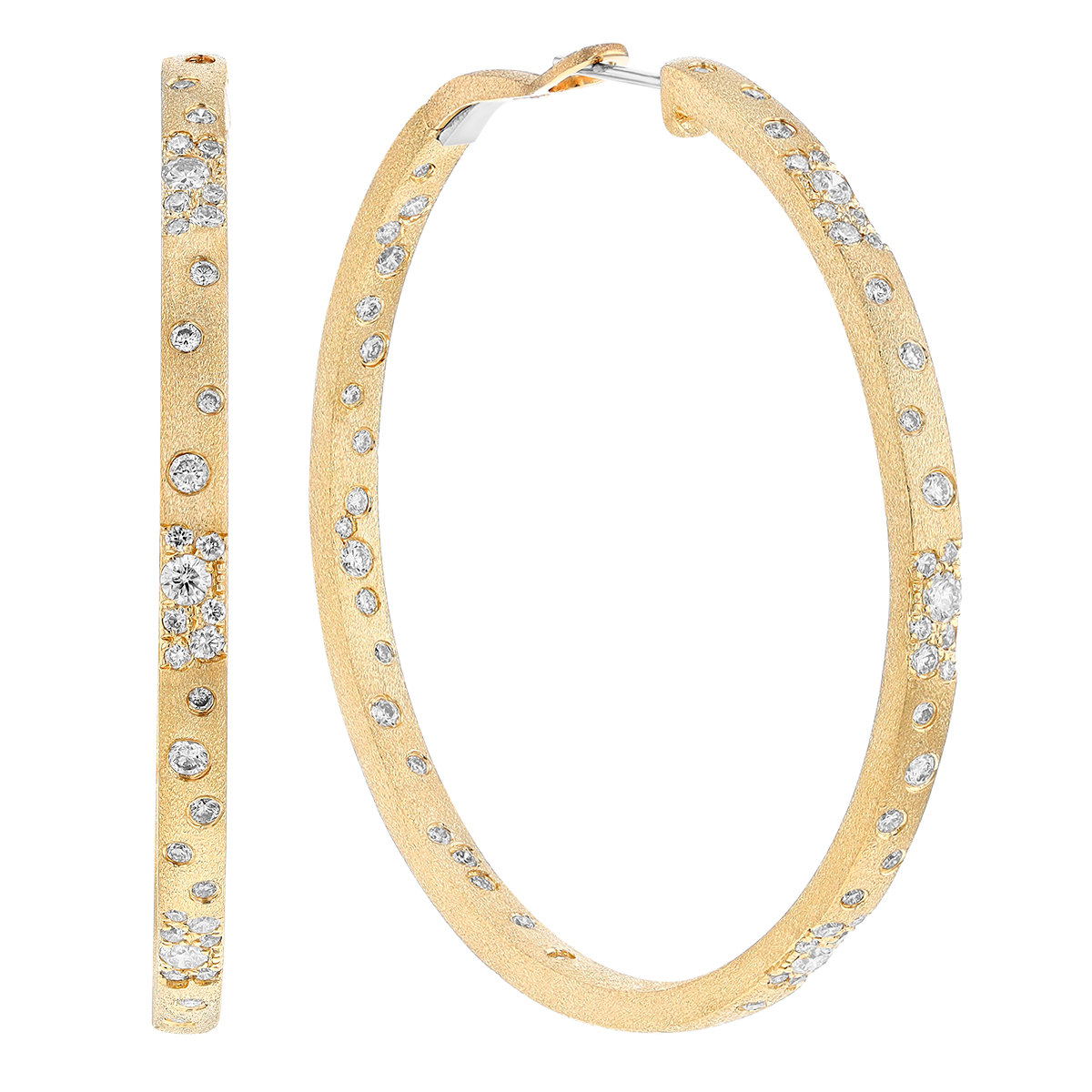 Diamond Flush Set Scatter Hoop Earrings in Matte Yellow Gold, 50 mm