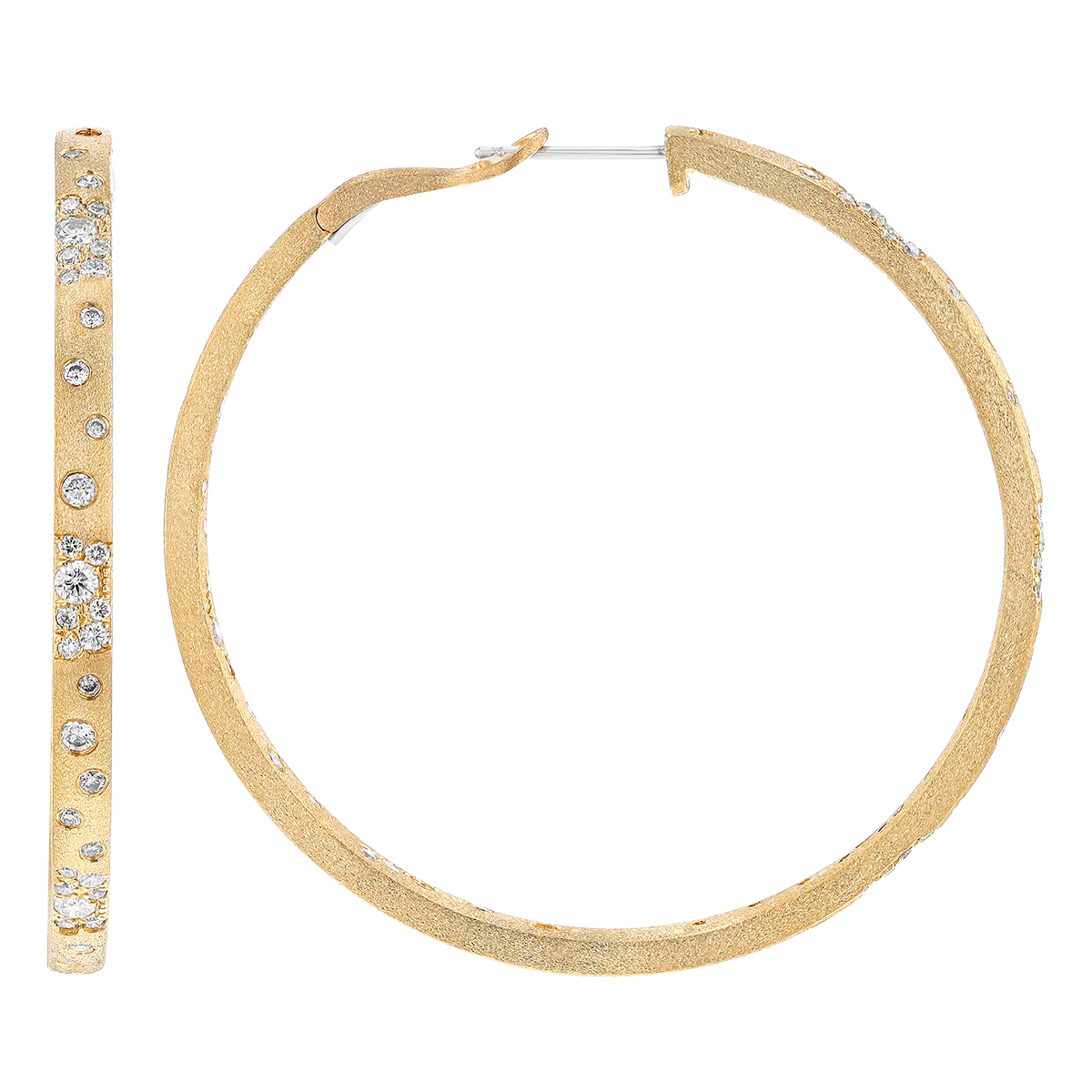 Diamond Flush Set Scatter Hoop Earrings in Matte Yellow Gold, 50 mm