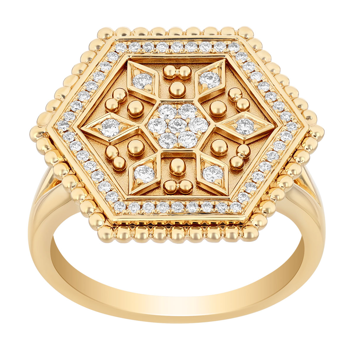 Diamond Hexagon Cocktail Ring with Milgrain and Snowflake Pattern