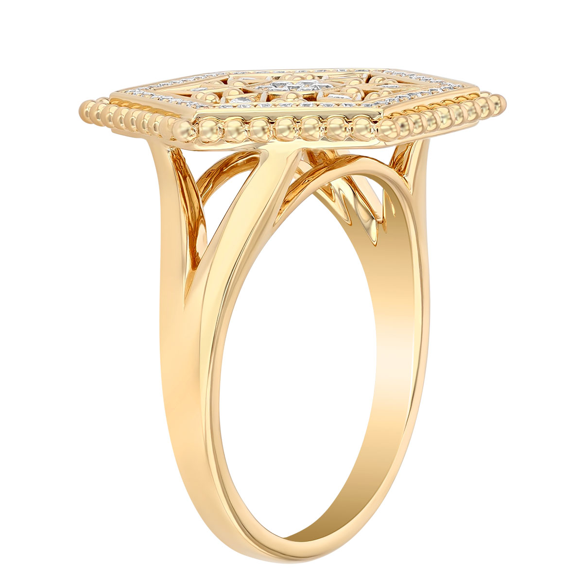 Diamond Hexagon Cocktail Ring with Milgrain and Snowflake Pattern