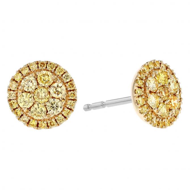 Frederic Sage Fancy Yellow Diamond Cluster Halo Stud Earrings in Yellow Gold