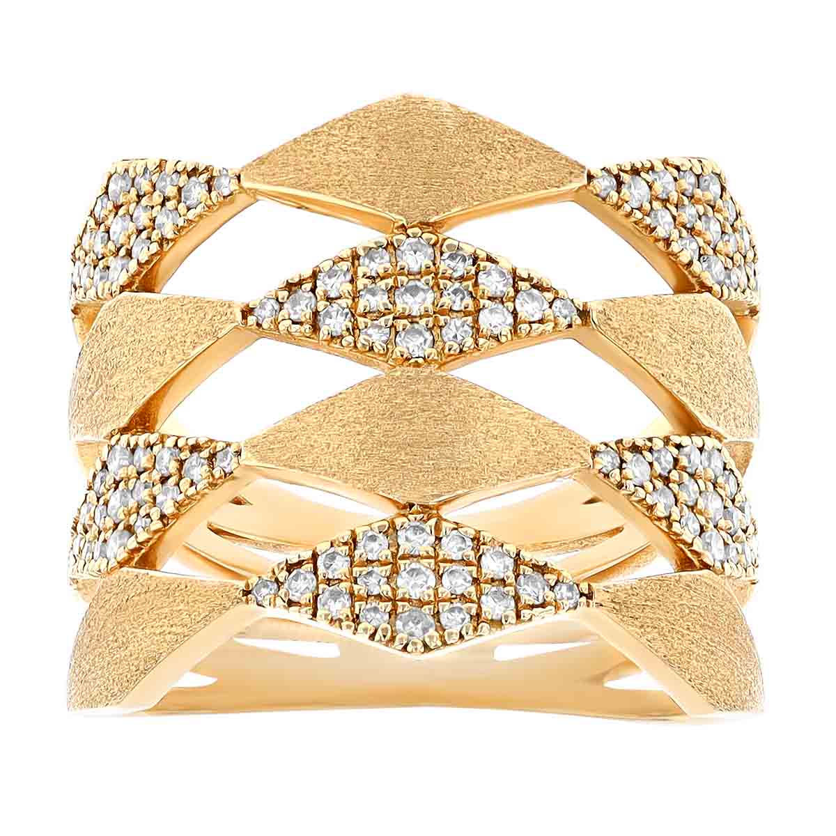 Diamond Pavé Geometric Pattern Multi Band Stacked Ring in Yellow Gold