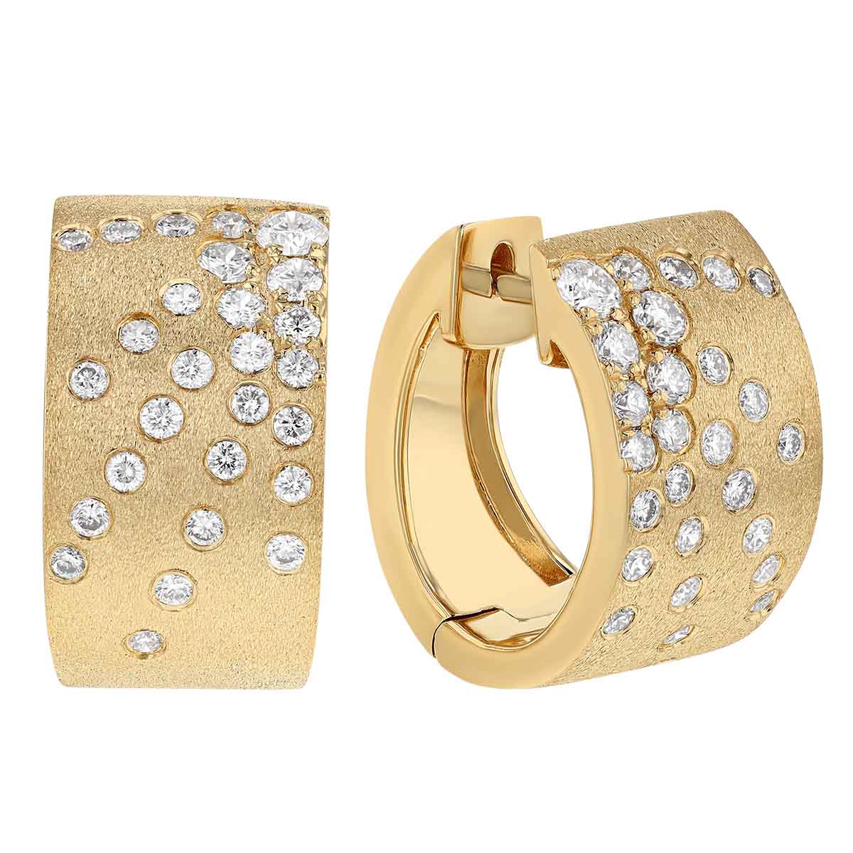 Diamond Pave Sunburst Pattern Wide Hoop Earrings in Yellow Gold