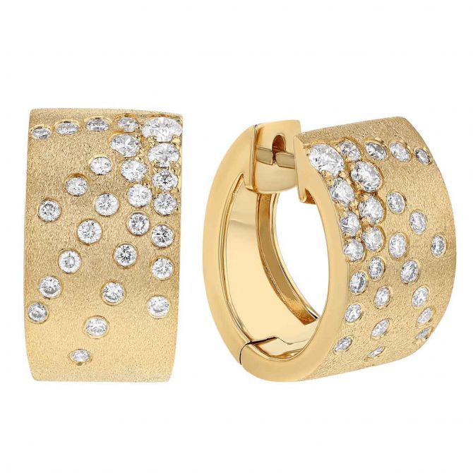 Diamond Pave Sunburst Pattern Wide Hoop Earrings in Yellow Gold