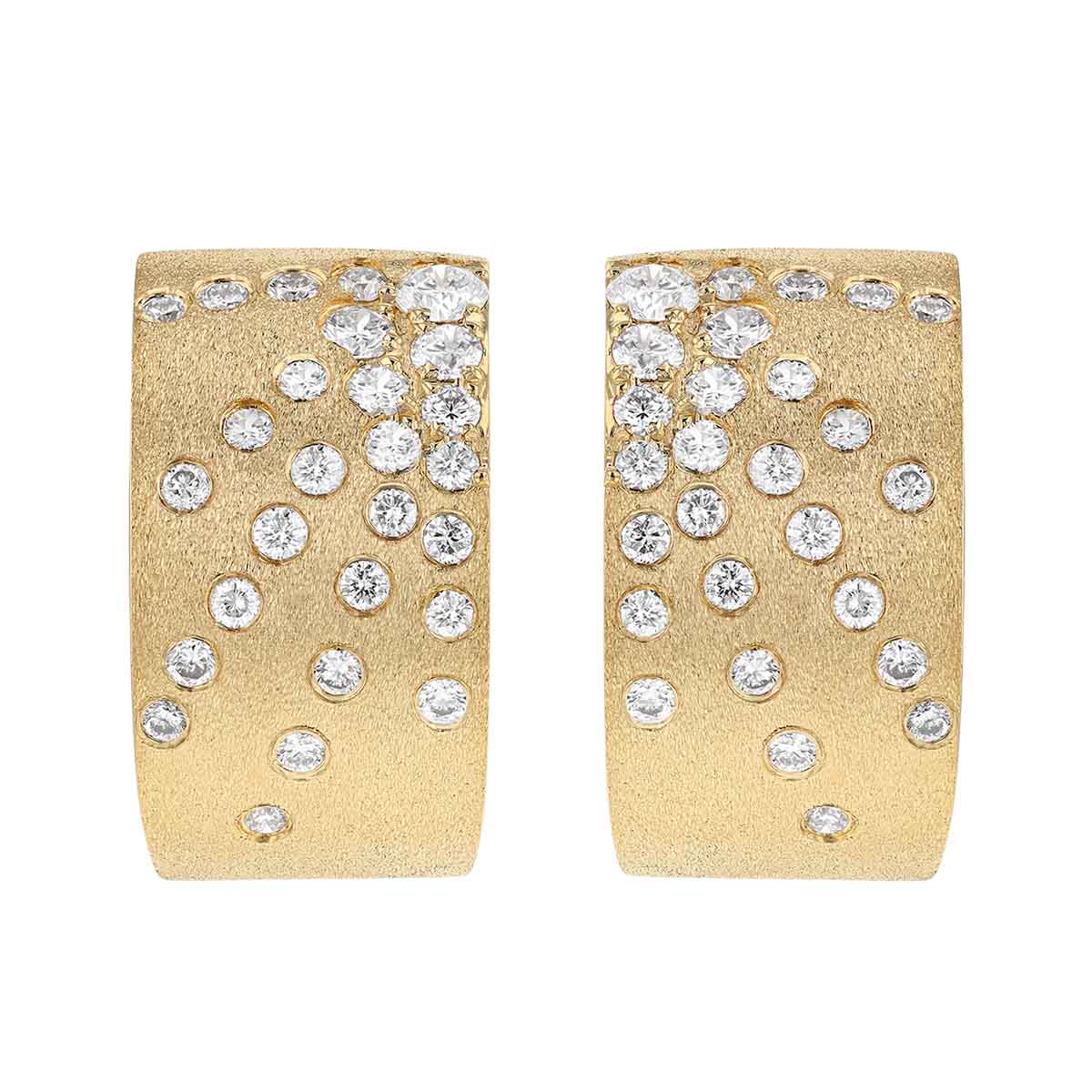 Diamond Pave Sunburst Pattern Wide Hoop Earrings in Yellow Gold
