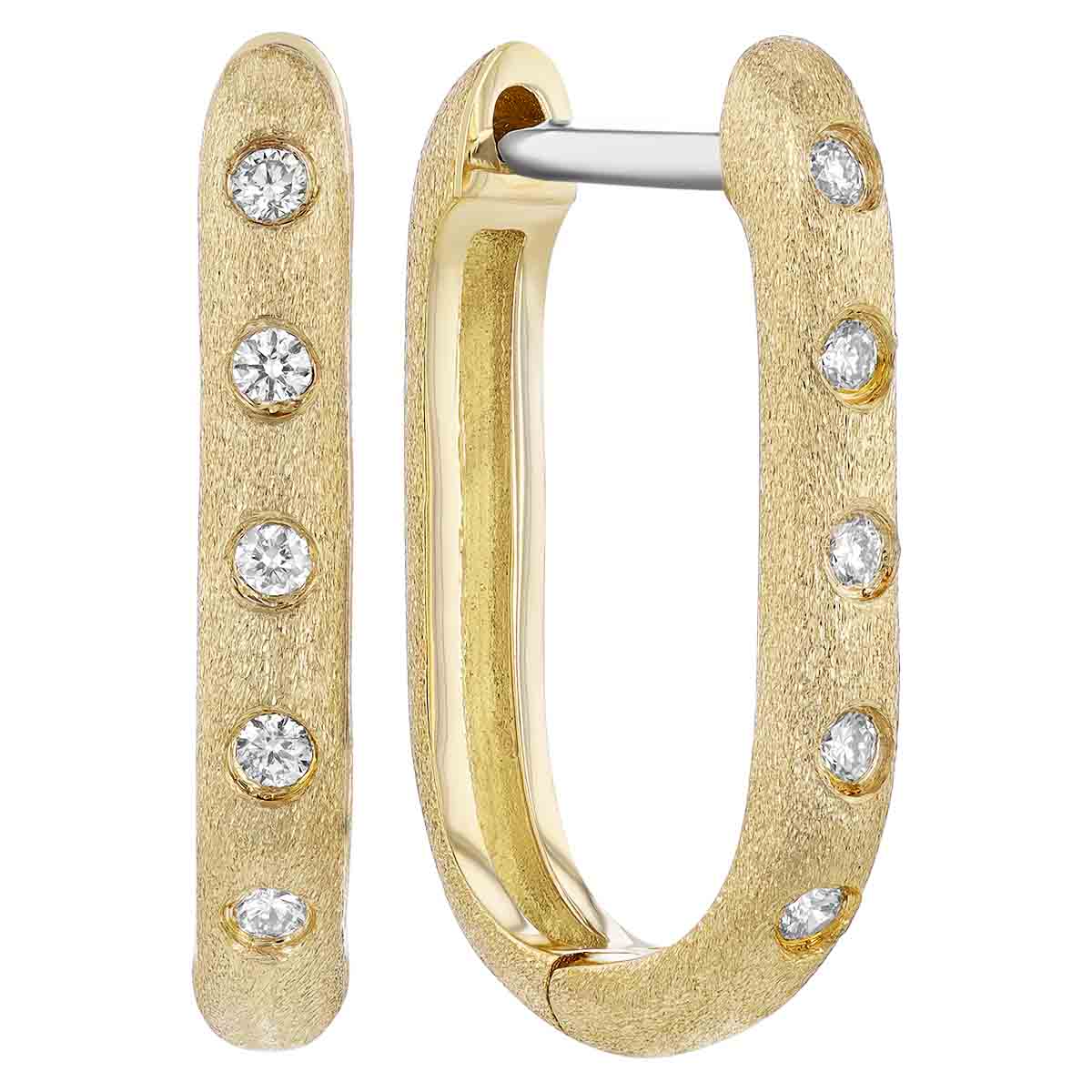 Flush Set Diamond U-Shaped Hoop Earrings in Satin Yellow Gold