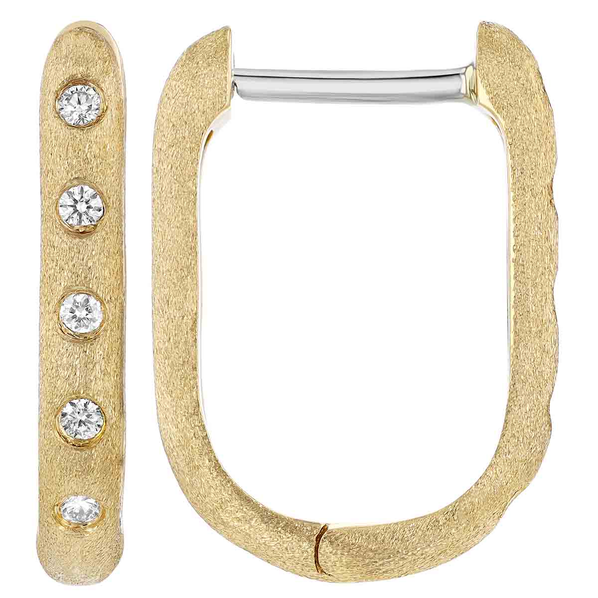 Flush Set Diamond U-Shaped Hoop Earrings in Satin Yellow Gold