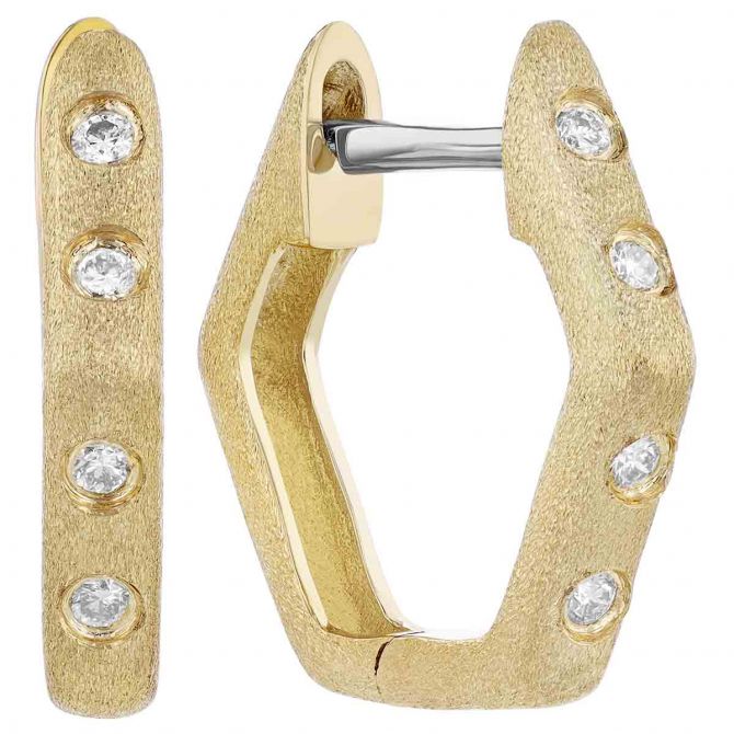 Flush Set Diamond Hexagon Hoop Earrings in Satin Yellow Gold