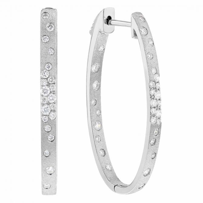 Flush Set Diamond Scatter Inside Out Oval Hoop Earrings in White Gold