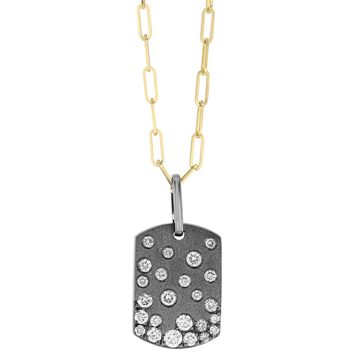 Flush Set Diamond Scatter Dog Tag Pendant in Yellow Gold & Black Rhodium, 18