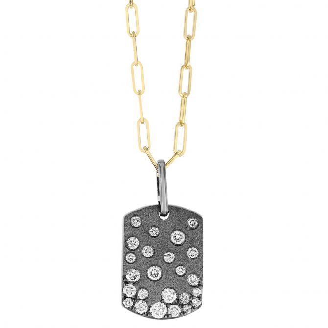 Flush Set Diamond Scatter Dog Tag Pendant in Yellow Gold & Black Rhodium, 18"