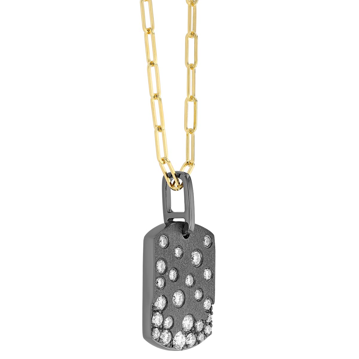 Flush Set Diamond Scatter Dog Tag Pendant in Yellow Gold & Black Rhodium, 18