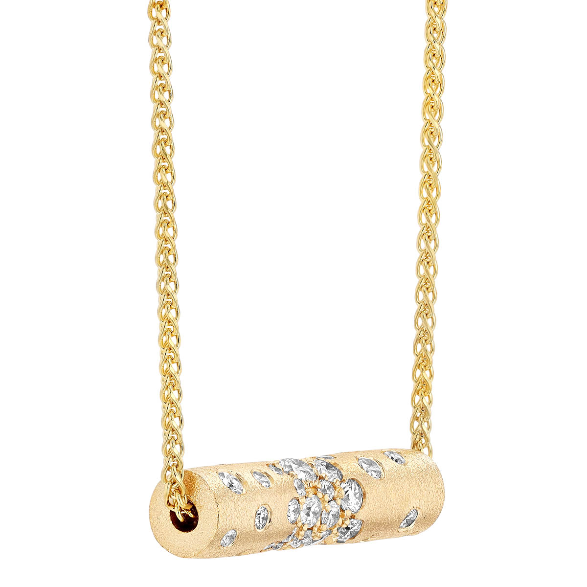 Diamond Scatter Tube Bead Necklace in Matte Yellow Gold, 18