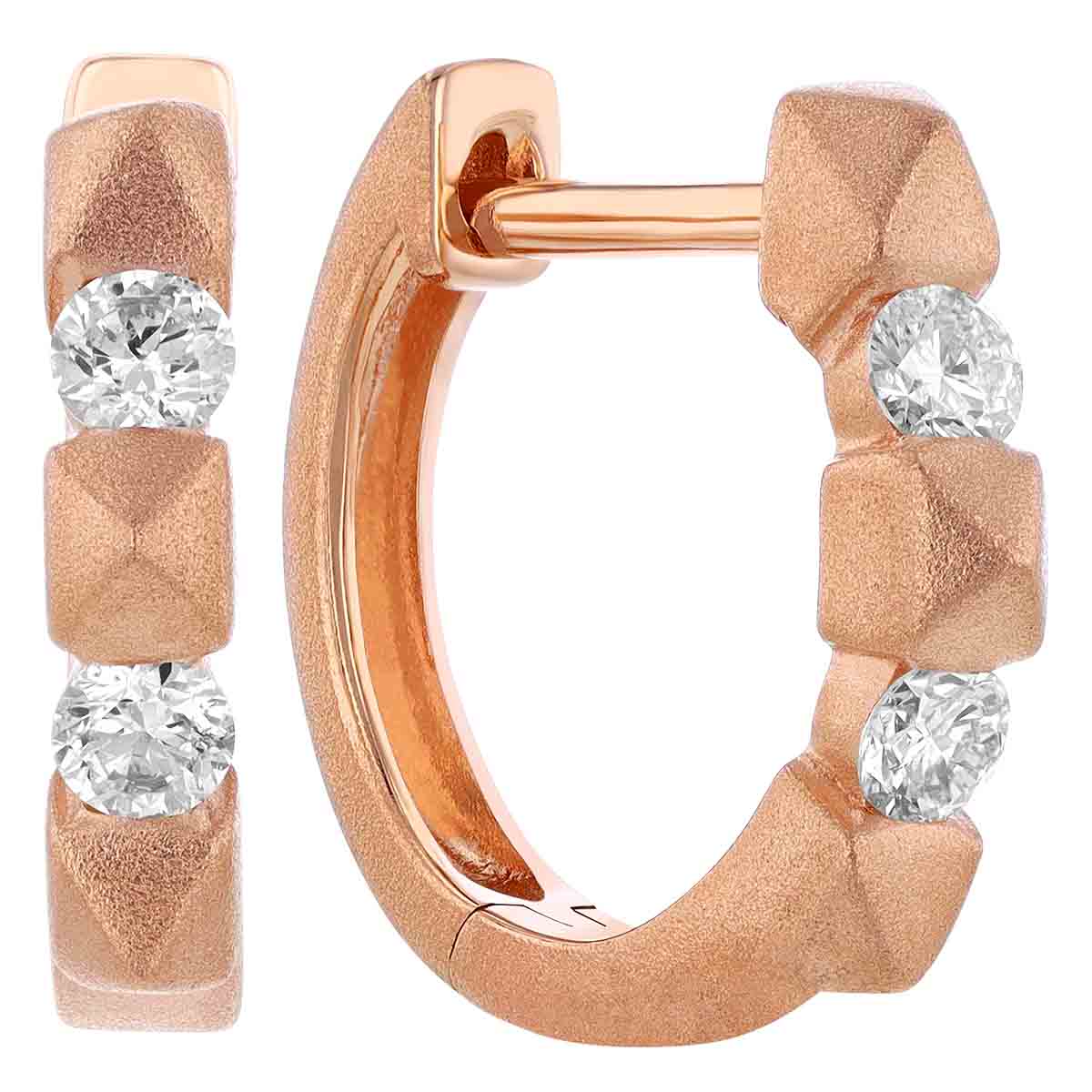 Diamond & Small Spike Pattern Huggie Hoop Earrings in Rose Gold
