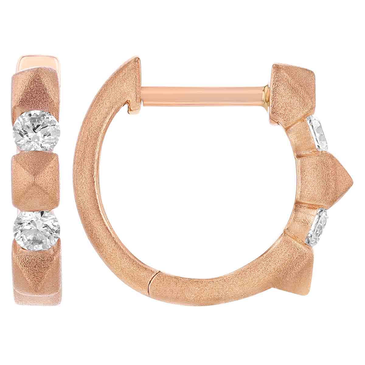 Diamond & Small Spike Pattern Huggie Hoop Earrings in Rose Gold