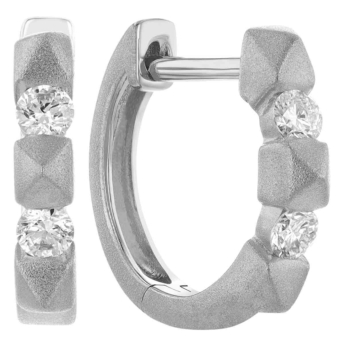 Diamond & Small Spike Pattern Huggie Hoop Earrings in White Gold